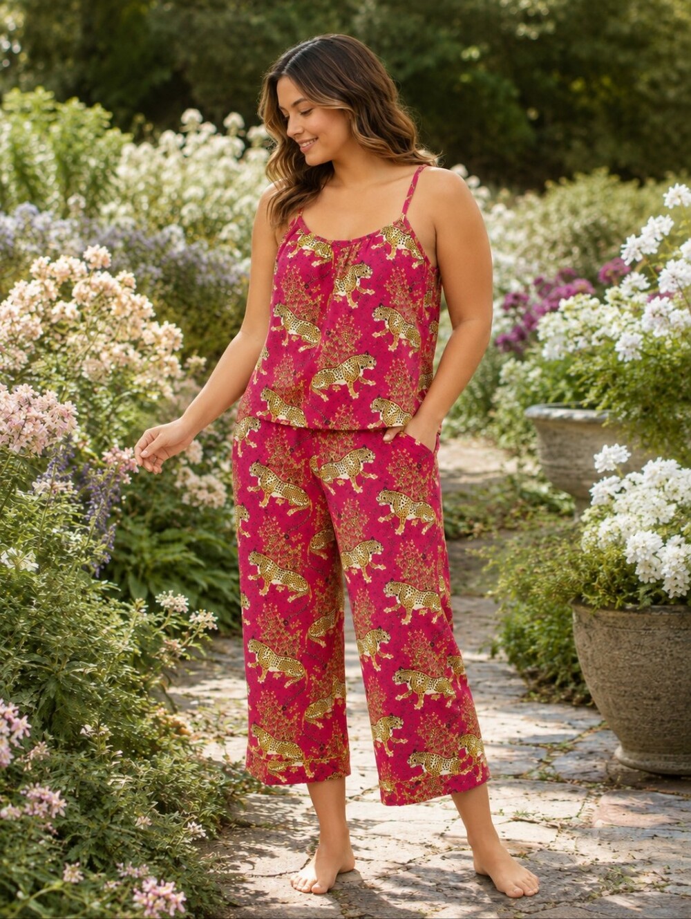 Printfresh Bagheera Tiger Hot Pink Cami Cropped Pajamas Set